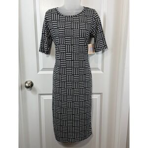 NWT LuLaRoe Julia Dress Womens Medium Black White Geometric Midi Modest Office